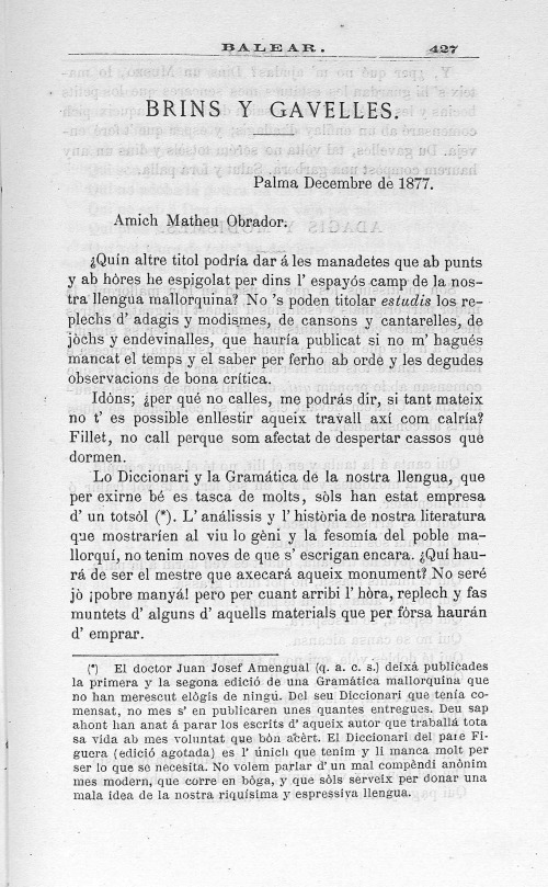 «Brins y gavelles (adagis y modismes)», dins Museo Balear de Historia y Literatura, Ciencias y Artes, núm. 11 (15 de desembre, 1877): 427-433