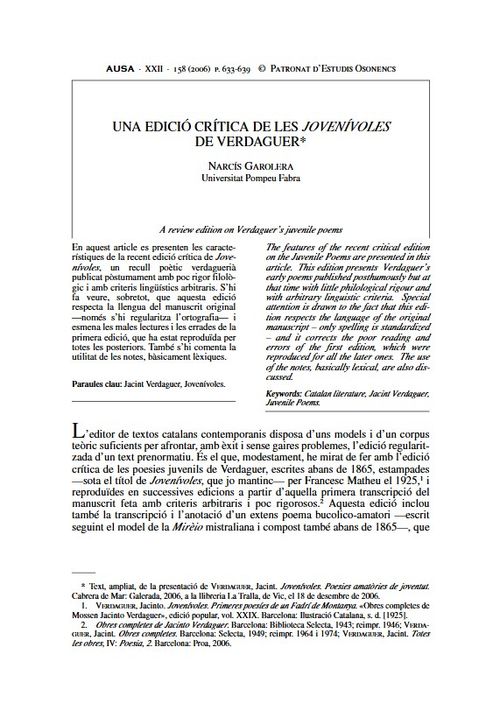 Una edició crítica de les «Jovenívoles» de Verdaguer
