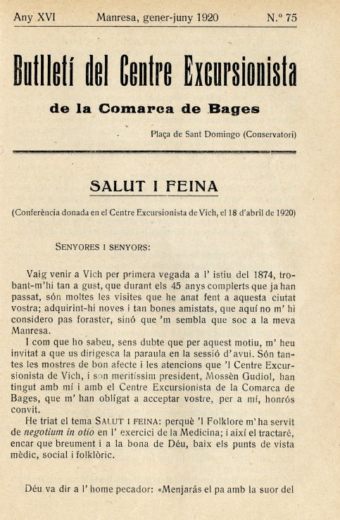 «Salut i feina (Conferència donada en el Centre Excursionista de Vich, el 18 d'abril de 1920)»