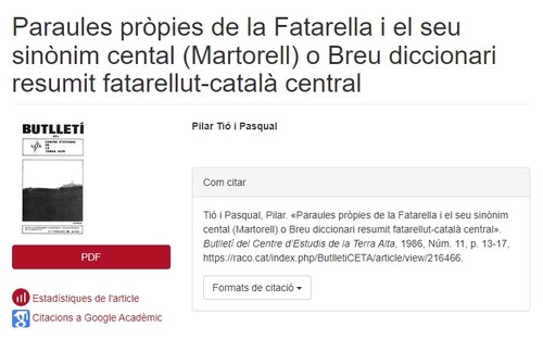 «Paraules pròpies de la Fatarella i el seu sinònim cental (Martorell) o Breu diccionari resumit fatarellut-català central»