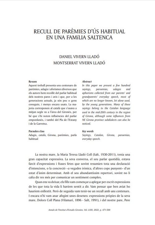 «Recull de parèmies d'ús habitual en una família saltenca»